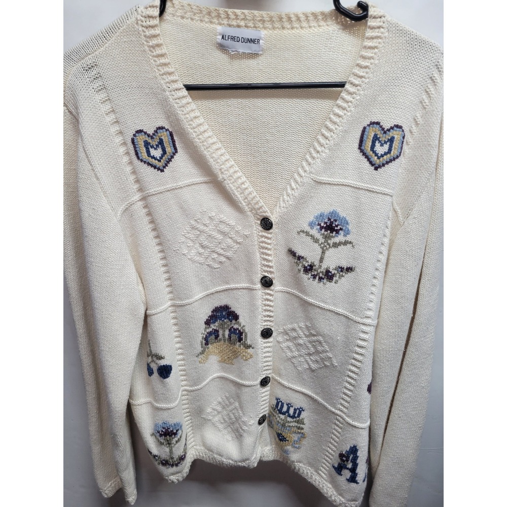 Alfred Dunner Cream Patchwork Embroidered Cardigan Sweater Women's